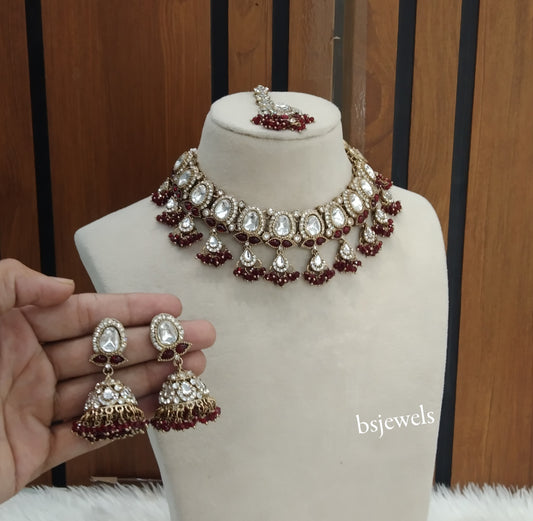 Antique Maroon Kundan Necklace Jewellery Geet Set