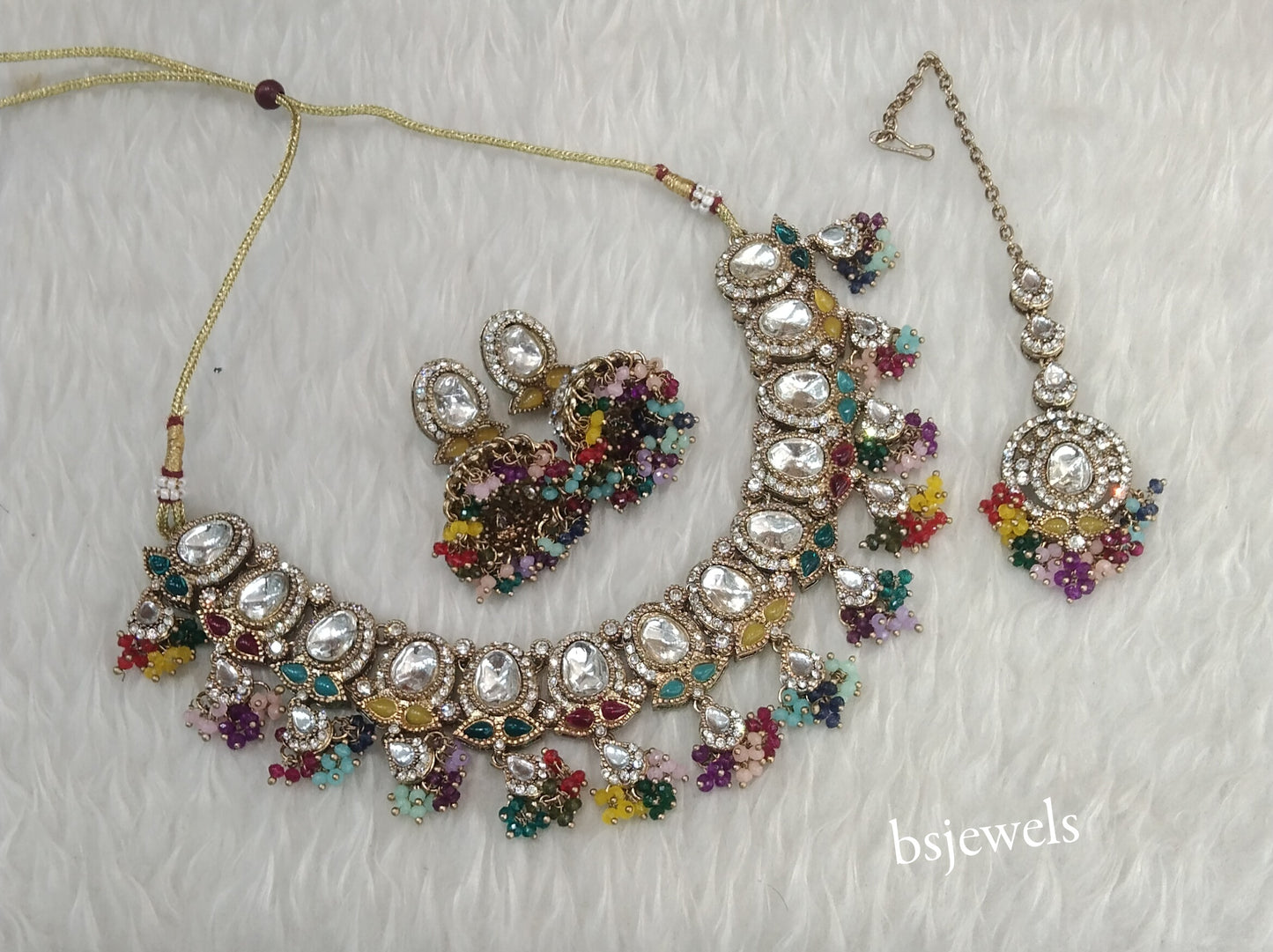 Antique Multi Color Kundan Necklace Jewellery Geet Set
