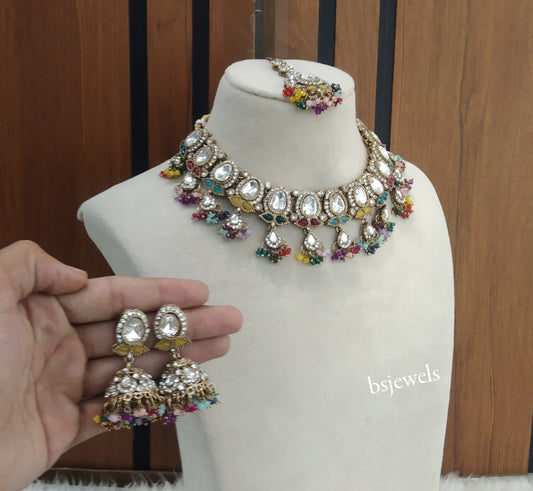 Antique Multi Color Kundan Necklace Jewellery Geet Set