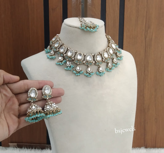 Antique Sky Blue Kundan Necklace Jewellery Geet Set