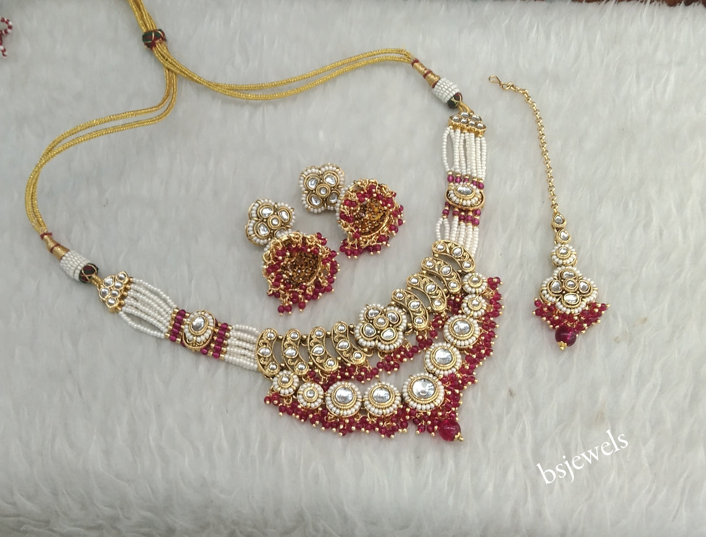 Gold Magenta Kundan Necklace Diya sets