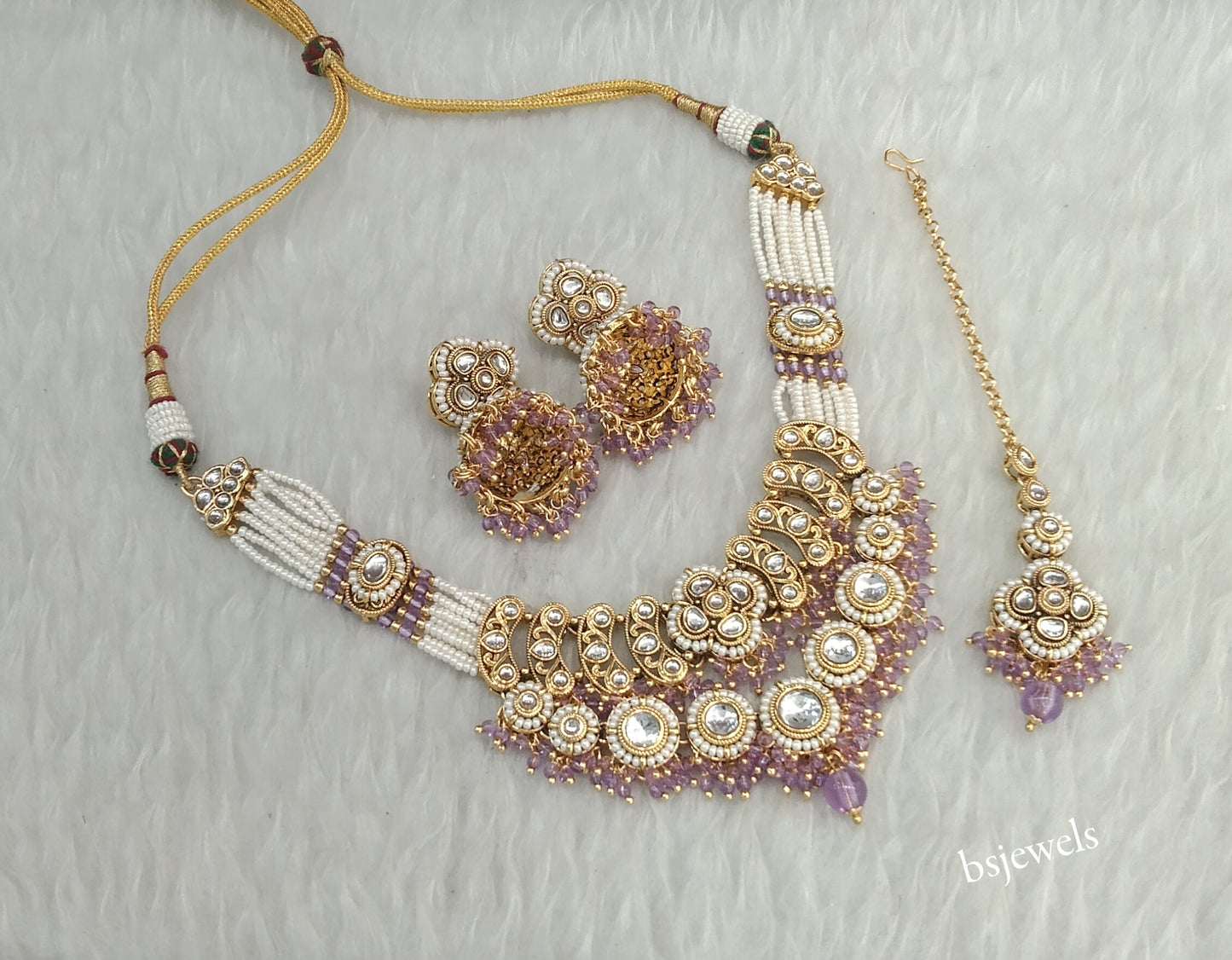 Gold Purple Kundan Necklace Diya sets