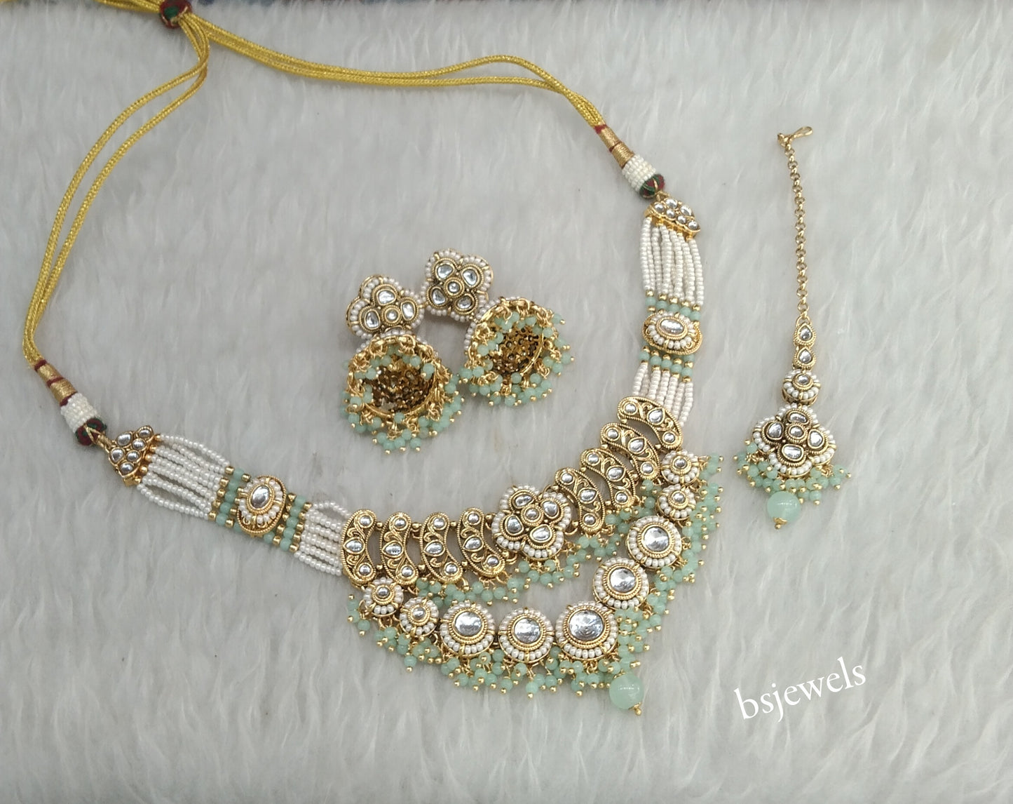 Gold Mint Kundan Necklace Diya sets