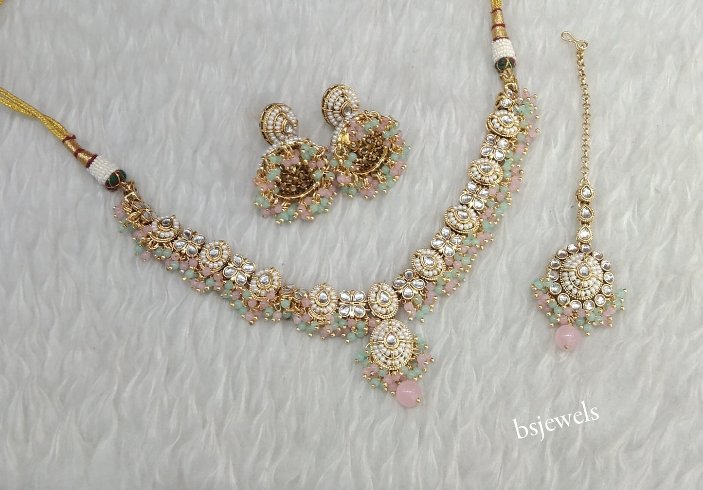 Gold Mint Pink Kundan Rania Necklace sets