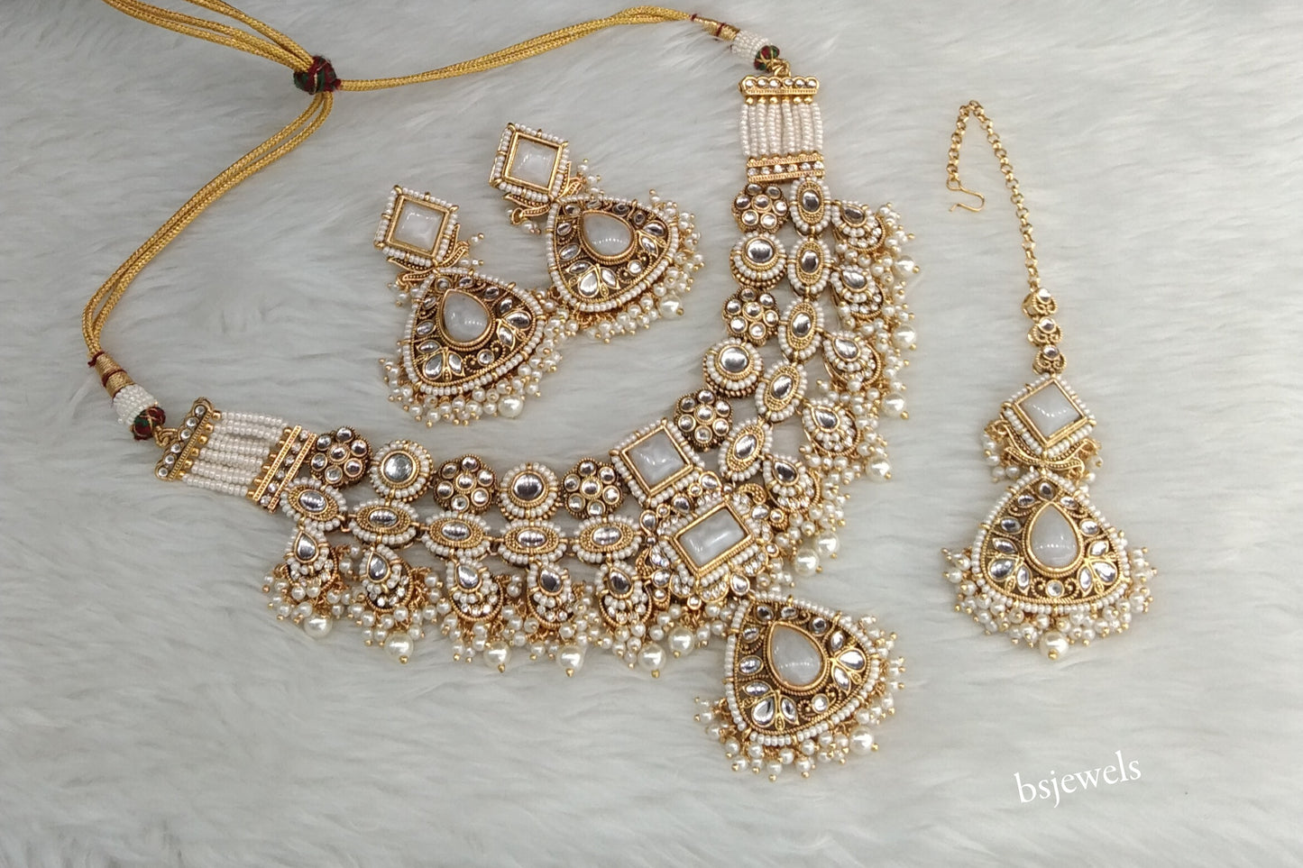 Gold White Kundan Lily Necklace sets