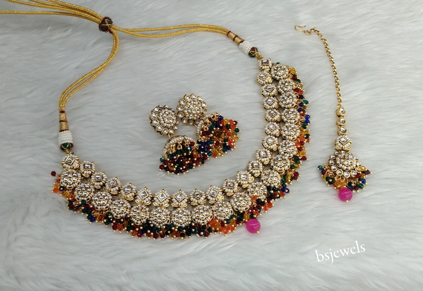 Gold Multi Colour Kundan Mila Necklace sets