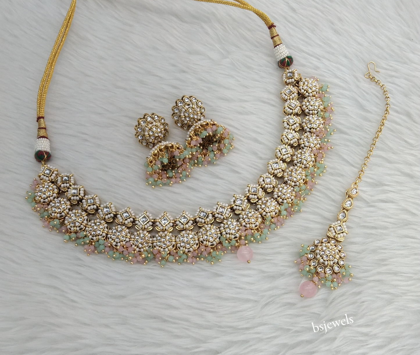 Gold Mint Pink Kundan Mila Necklace sets