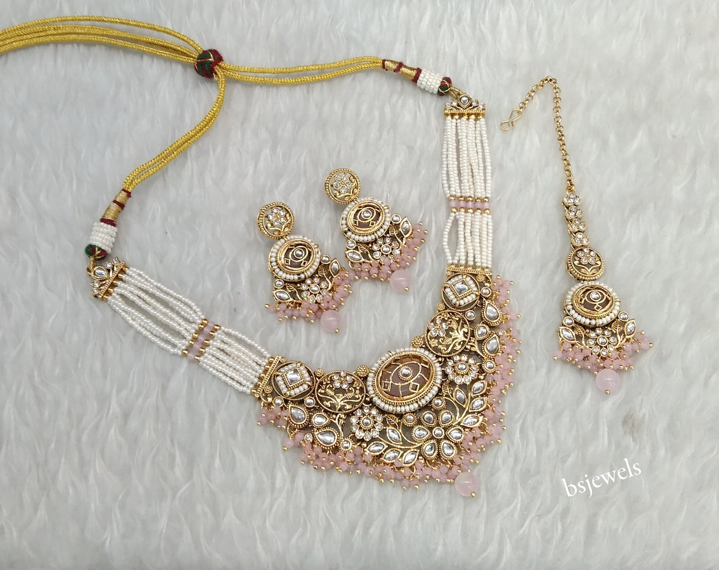 Gold Pink Kundan Zuri Necklace sets