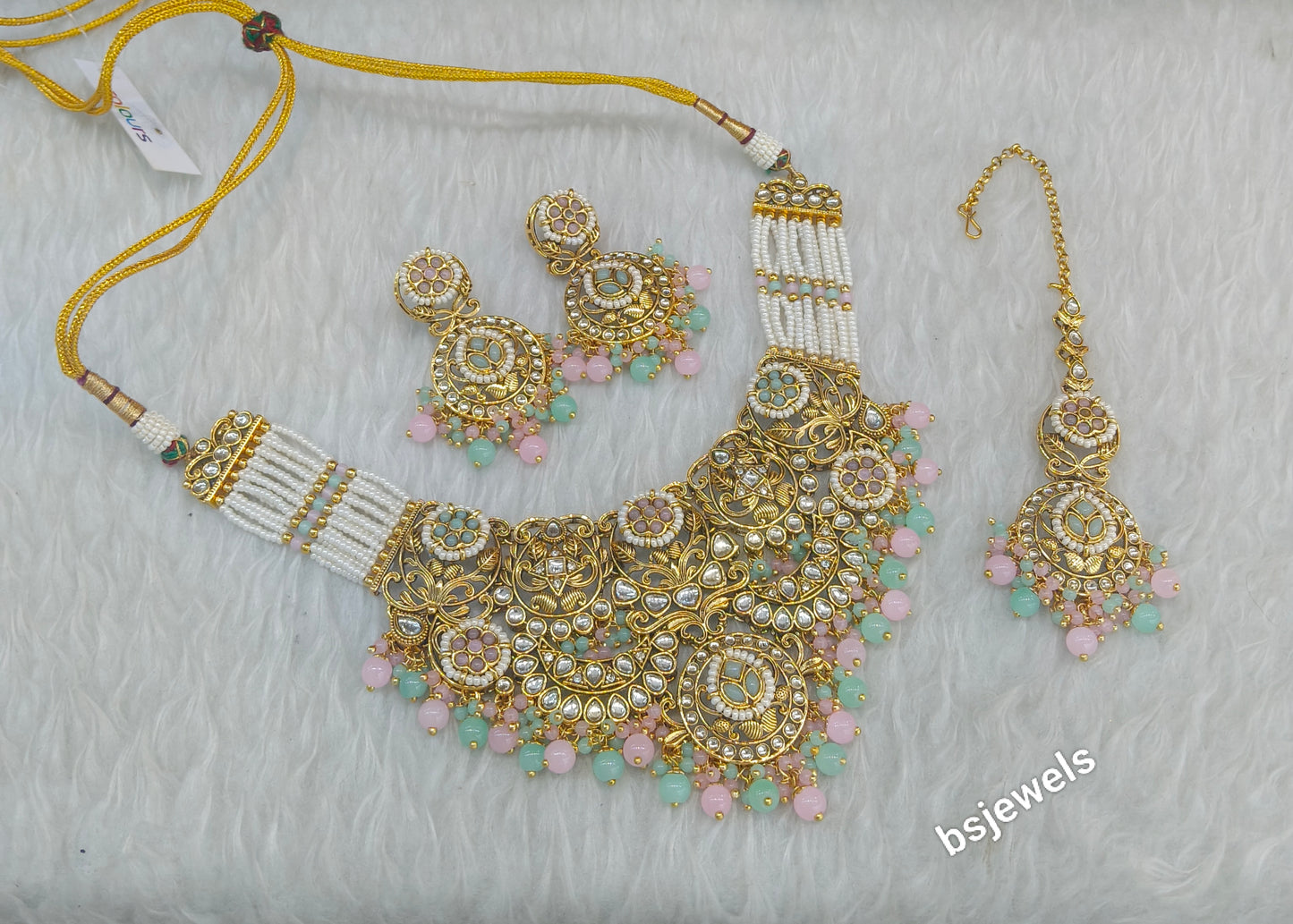 Gold Mint Pink Kundan Gargi Necklace sets