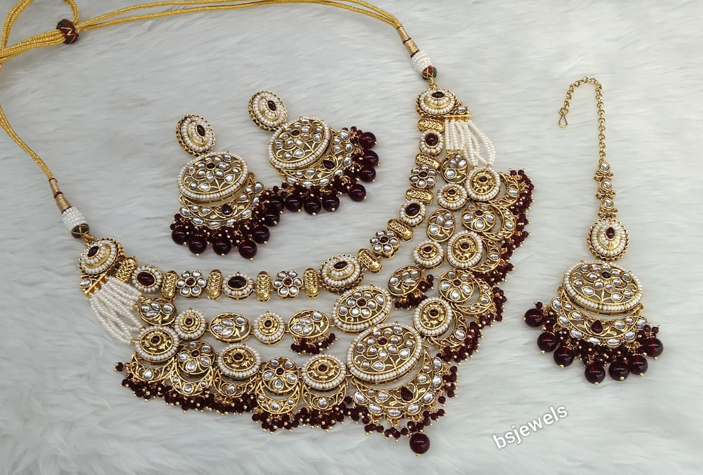 Gold Mroon Kundan necklace Set/ kundan Indian Naomi jewellery sets