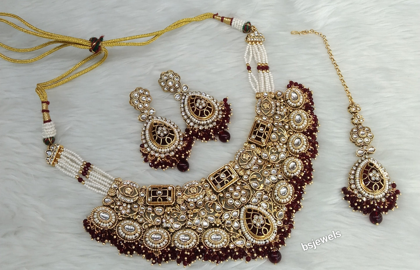 Gold Mroon Kundan necklace Set/ kundan Indian Grace jewellery sets
