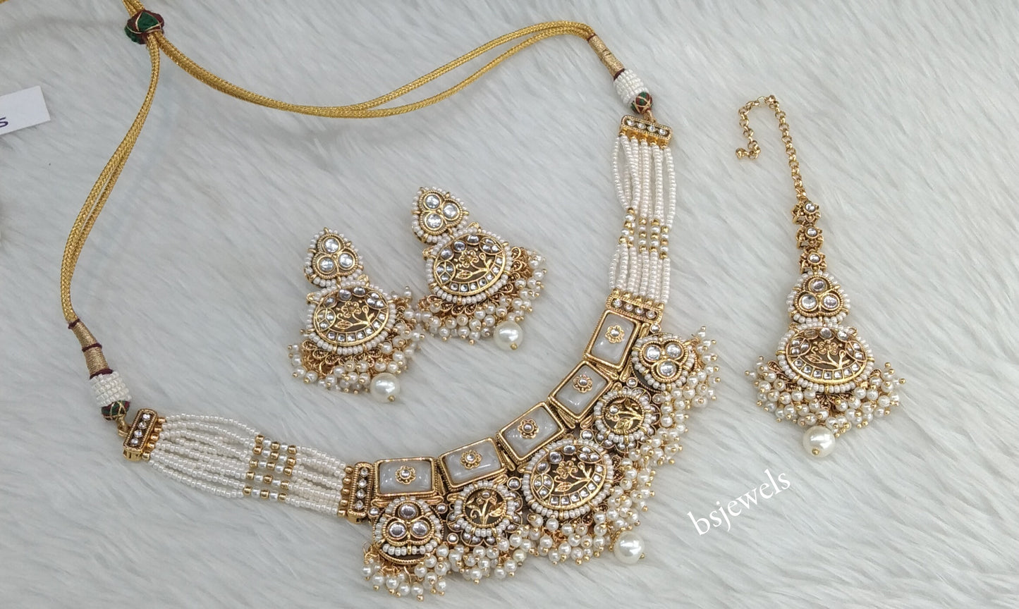 Gold White Kundan necklace Set/ kundan Indian Sylvia jewellery sets