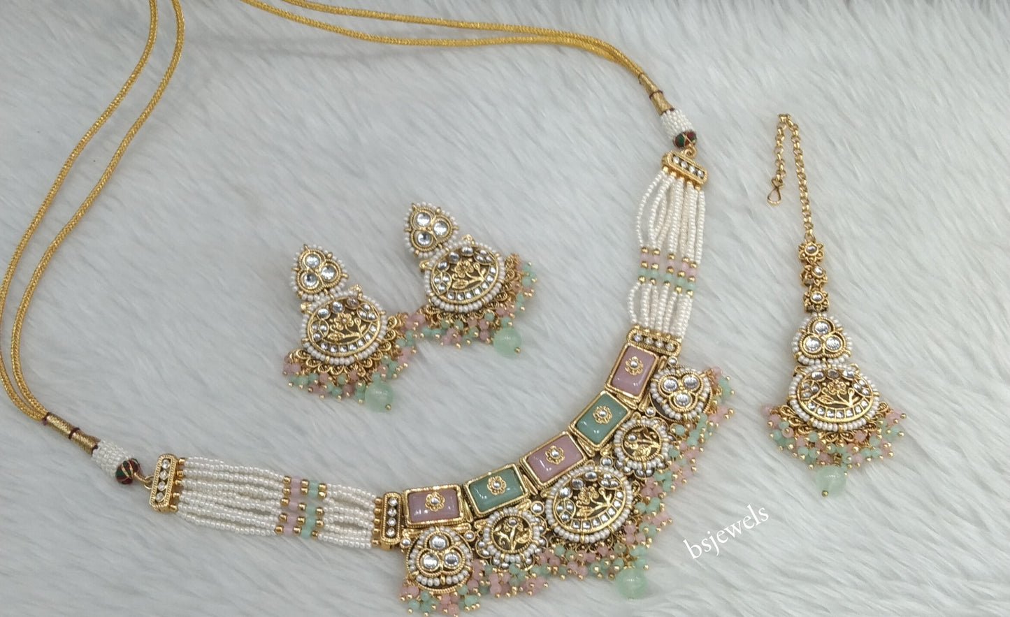 Gold Mint Pink Kundan necklace Set/ kundan Indian Sylvia jewellery sets