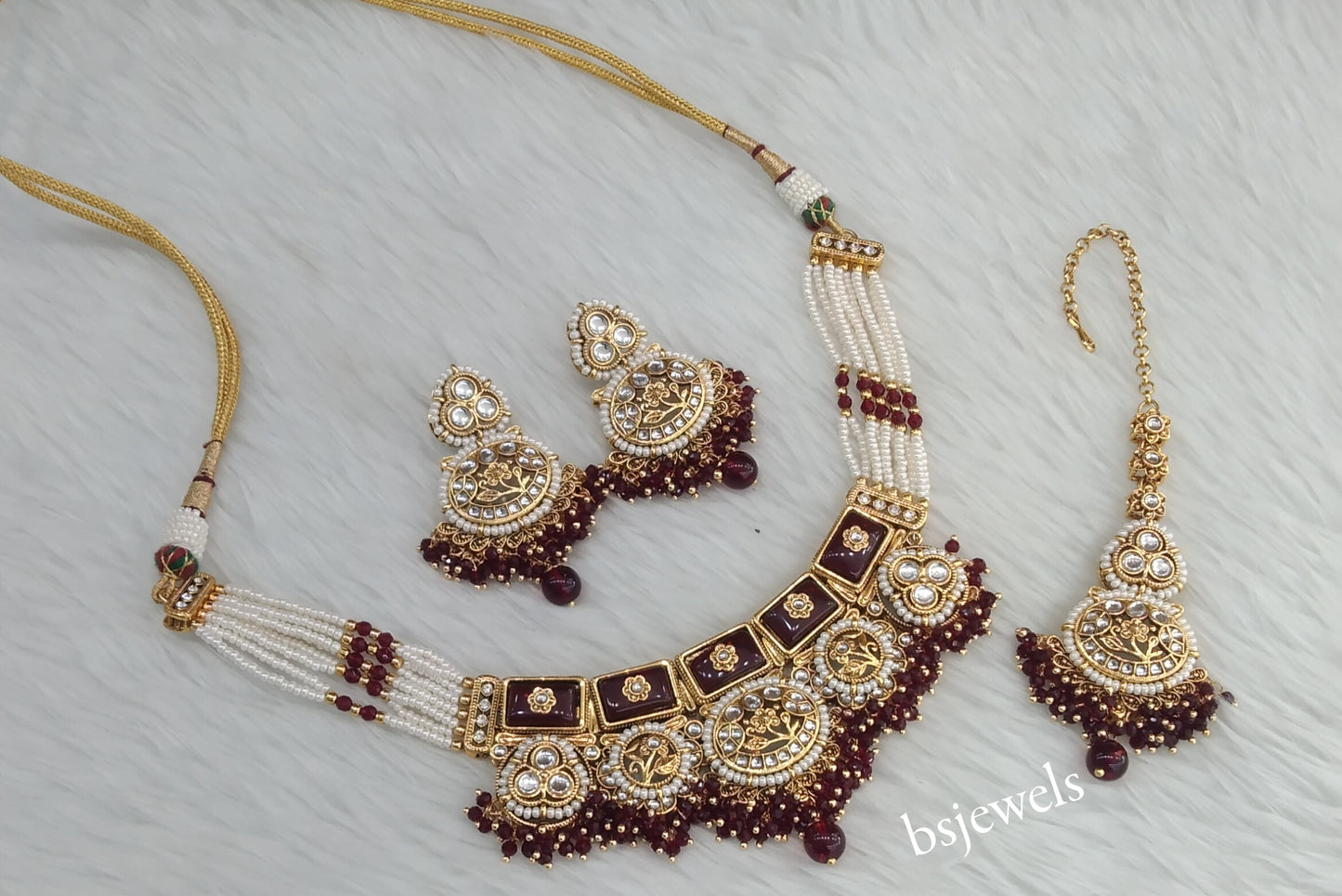 Gold Mroon Kundan necklace Set/ kundan Indian Sylvia jewellery sets