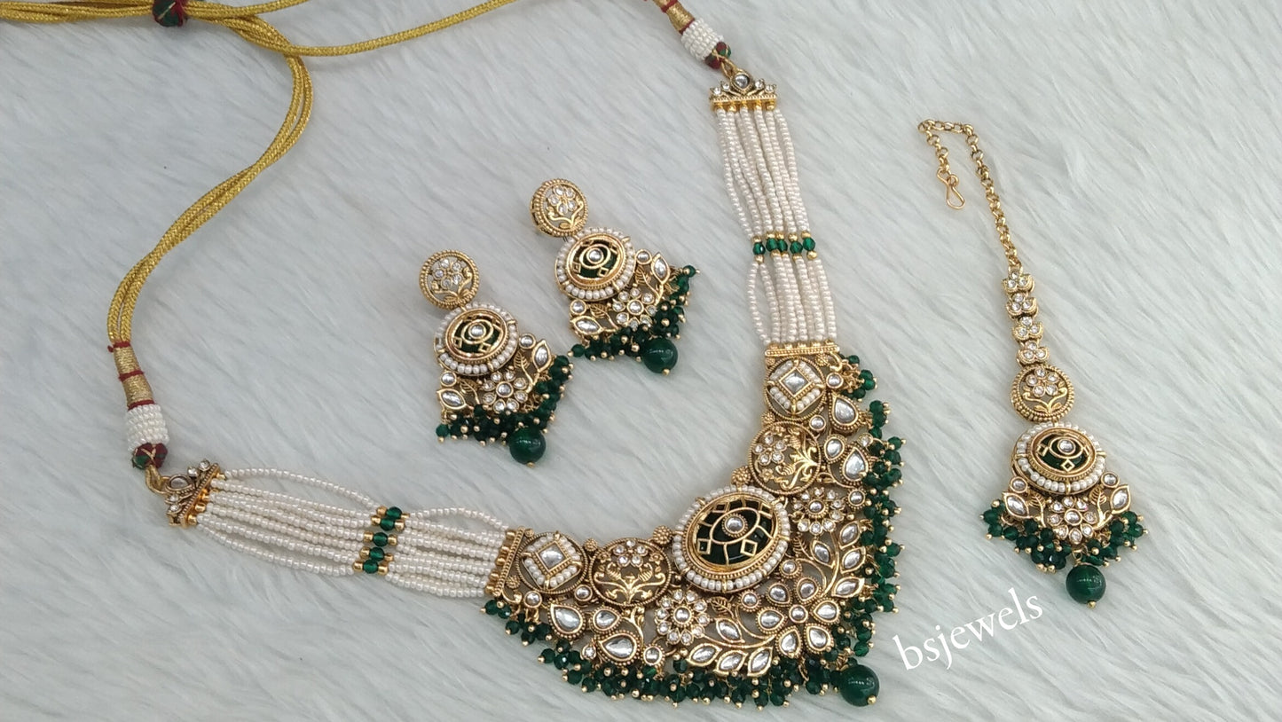 Gold Green Kundan Zuri Necklace sets