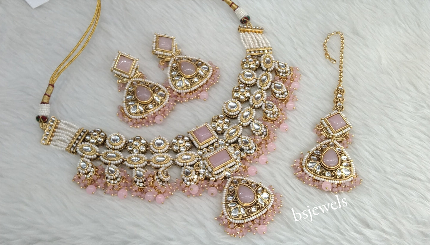 Gold Pink Kundan Lily Necklace sets