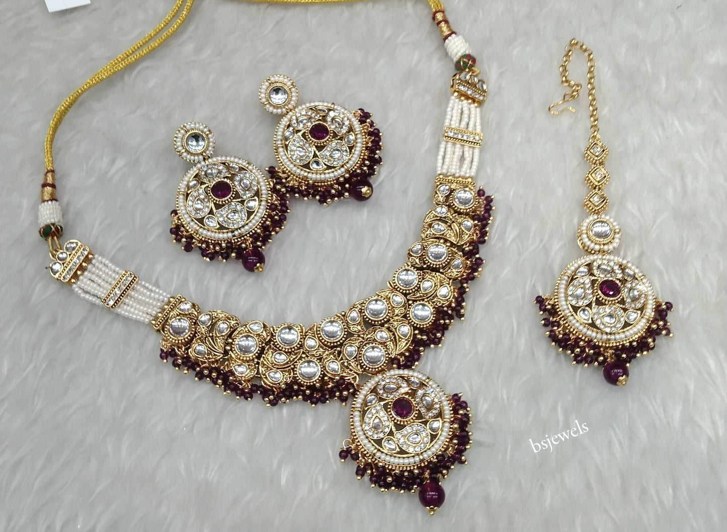 Gold Purple Kundan necklace Set/ kundan Indian Lennon jewellery sets