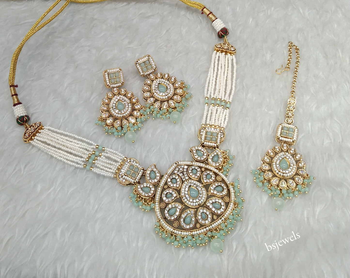 Gold Mint Kundan necklace Set/ kundan Indian Morgan jewellery sets