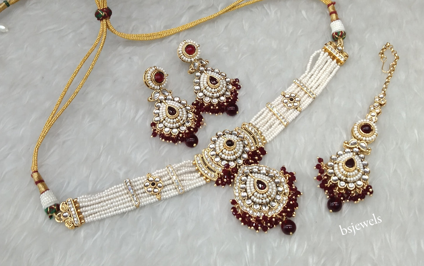 Gold Maroon Kundan Choker Jewellery Rowan Set