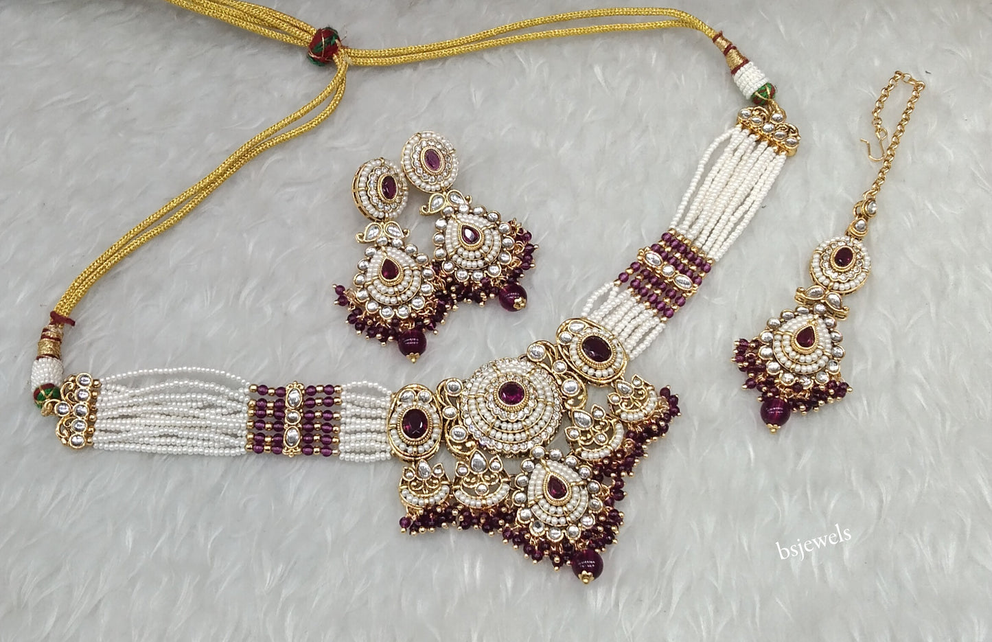 Gold Purple Kundan necklace Set/ kundan Indian Rylan jewellery sets