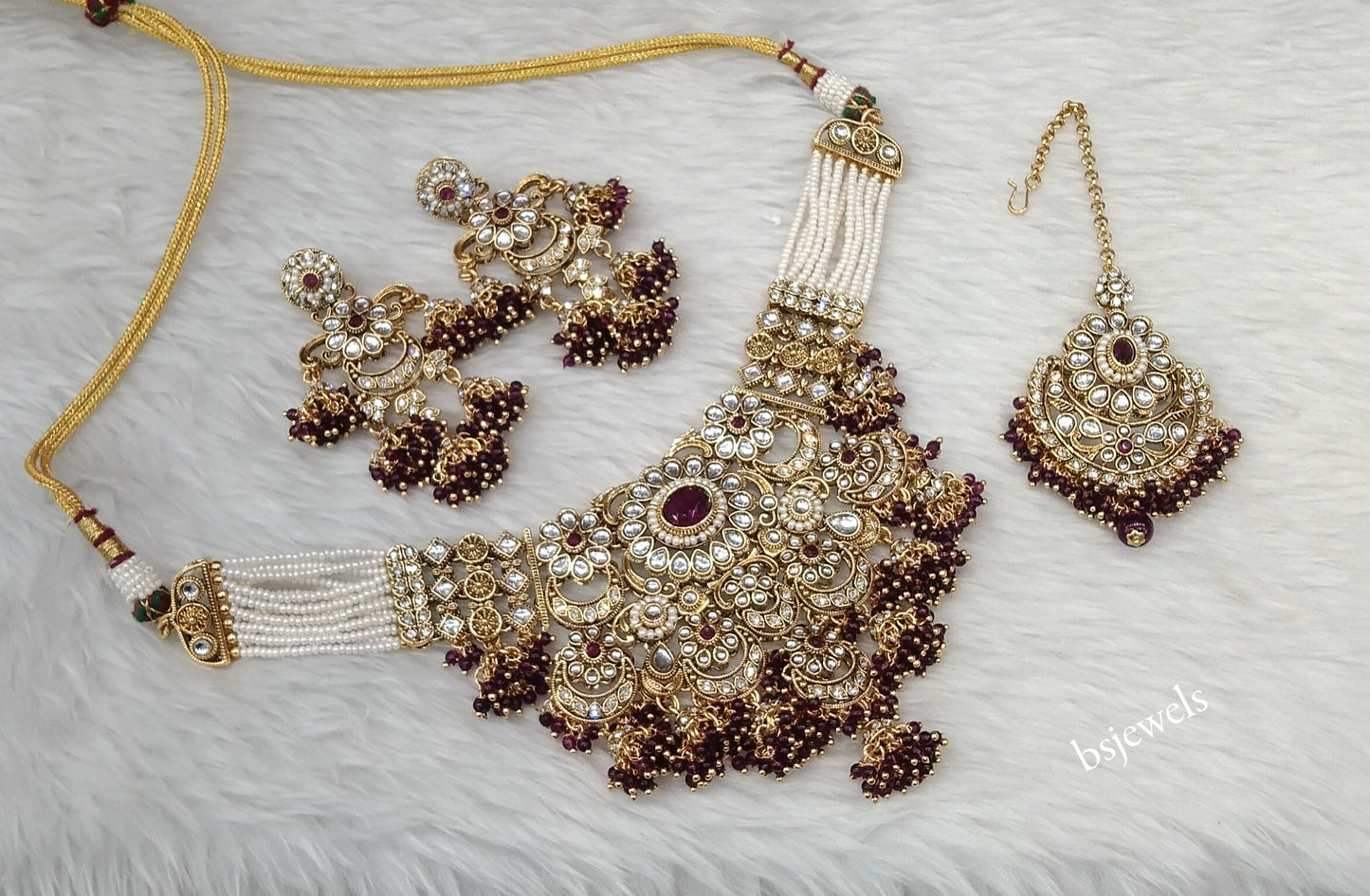 Gold Purple Kundan necklace Set/ kundan Indian Gippy jewellery sets