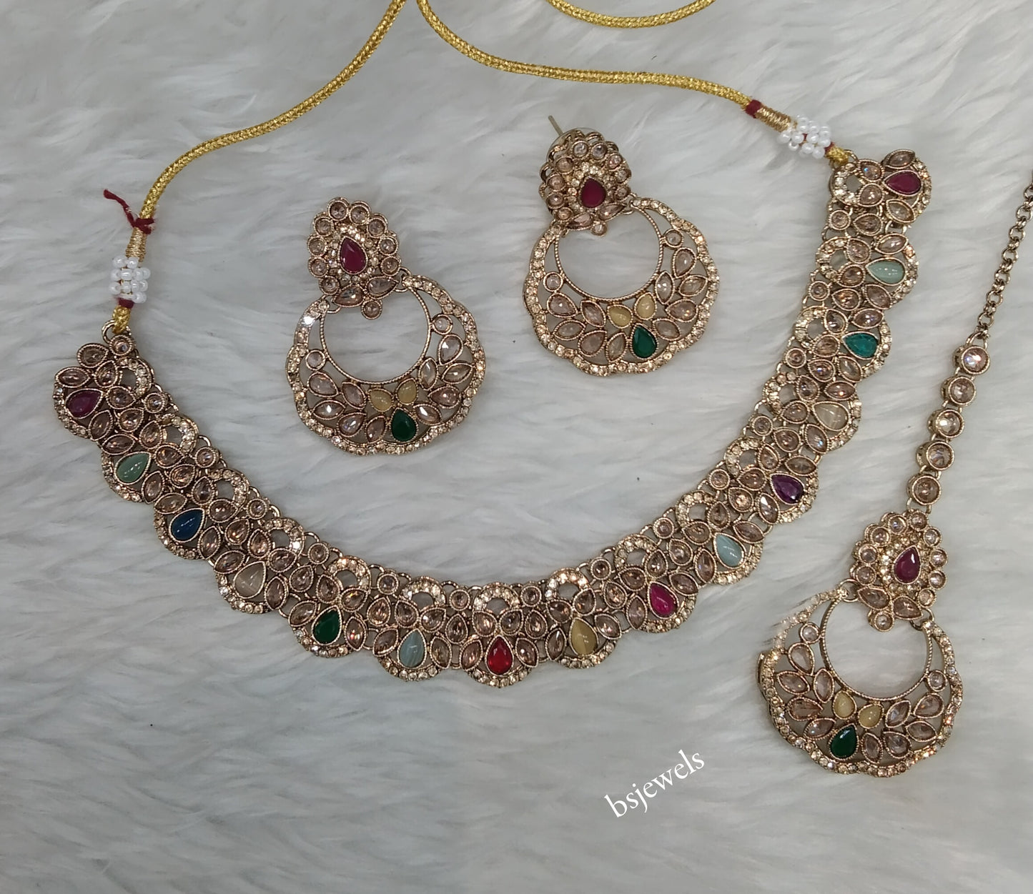 Antique Gold Multi Color Necklace Jewellery Lovedeep Bollywood sets