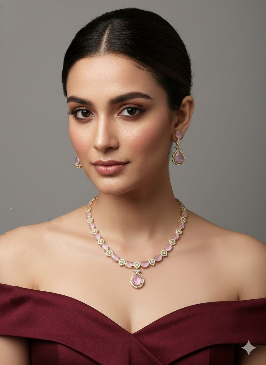 Antique Pink American Diamond Ad Necklace Jasika Sets