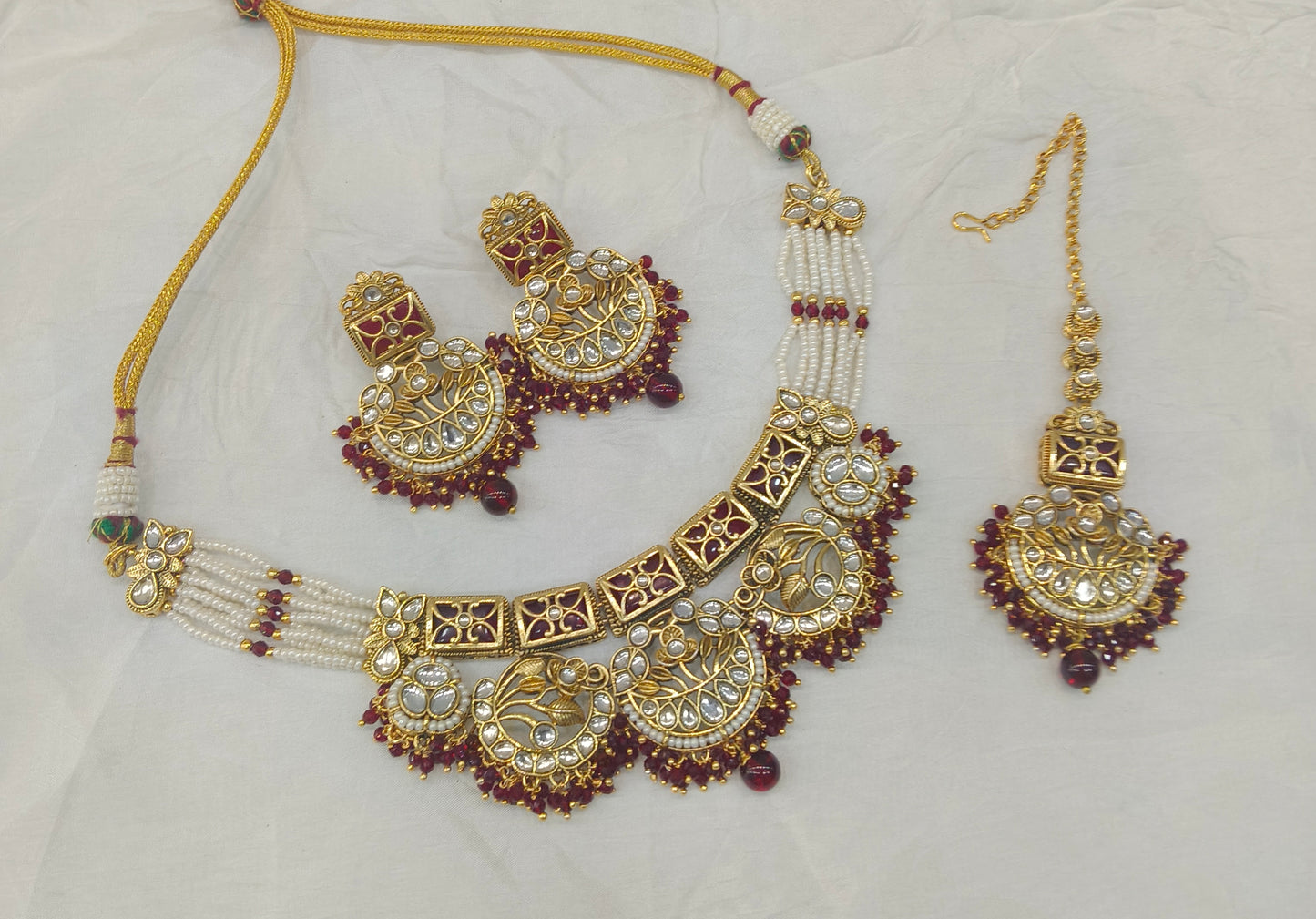Gold Maroon Kundan Nacklace Damini sets