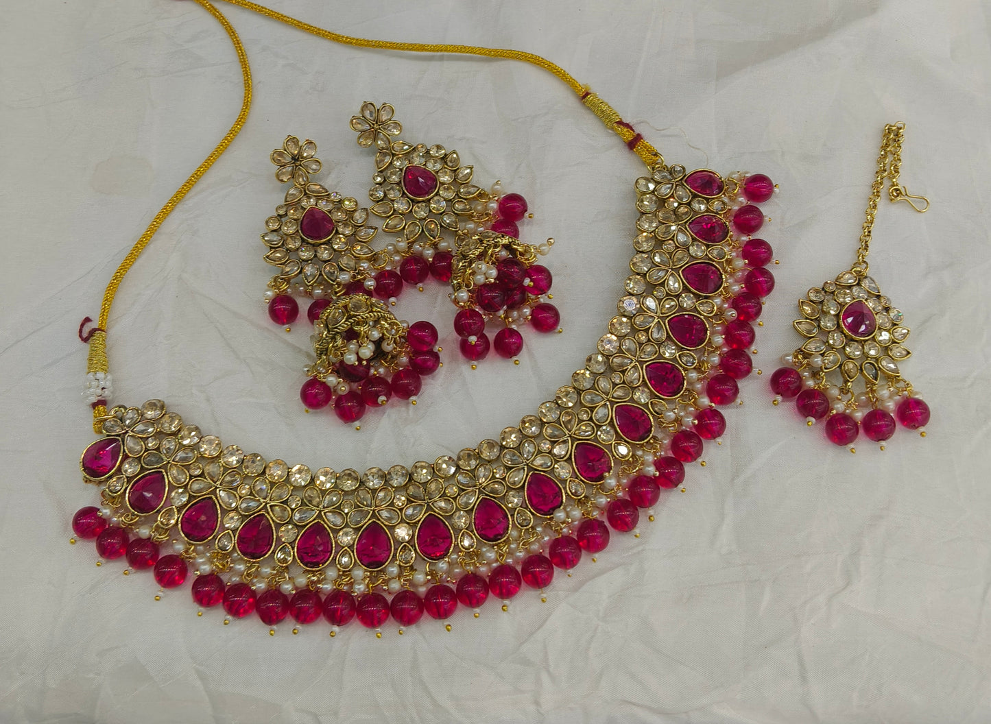 Antique Gold Majenta Necklace Jewellery Devika Bollywood sets