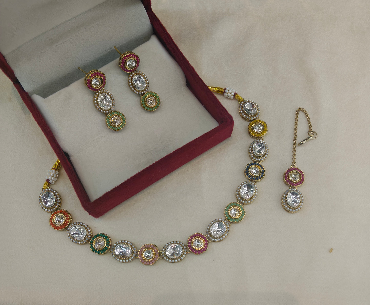Antique Gold Multi Color Kundan Necklace Jewellery Alma Sets