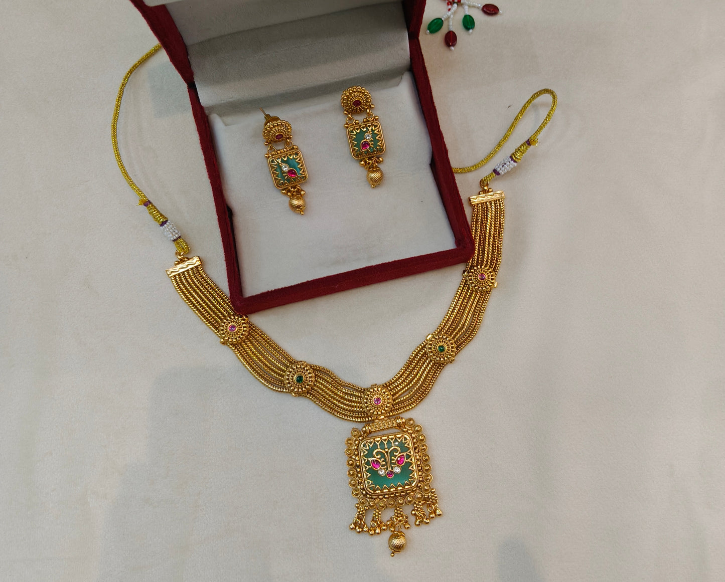 Gold Polki Ruby Sage Green Necklace Jewellery Riko Sets