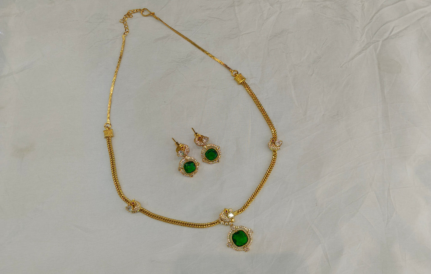 Gold American Diamond Green Ad Hana Necklace Set