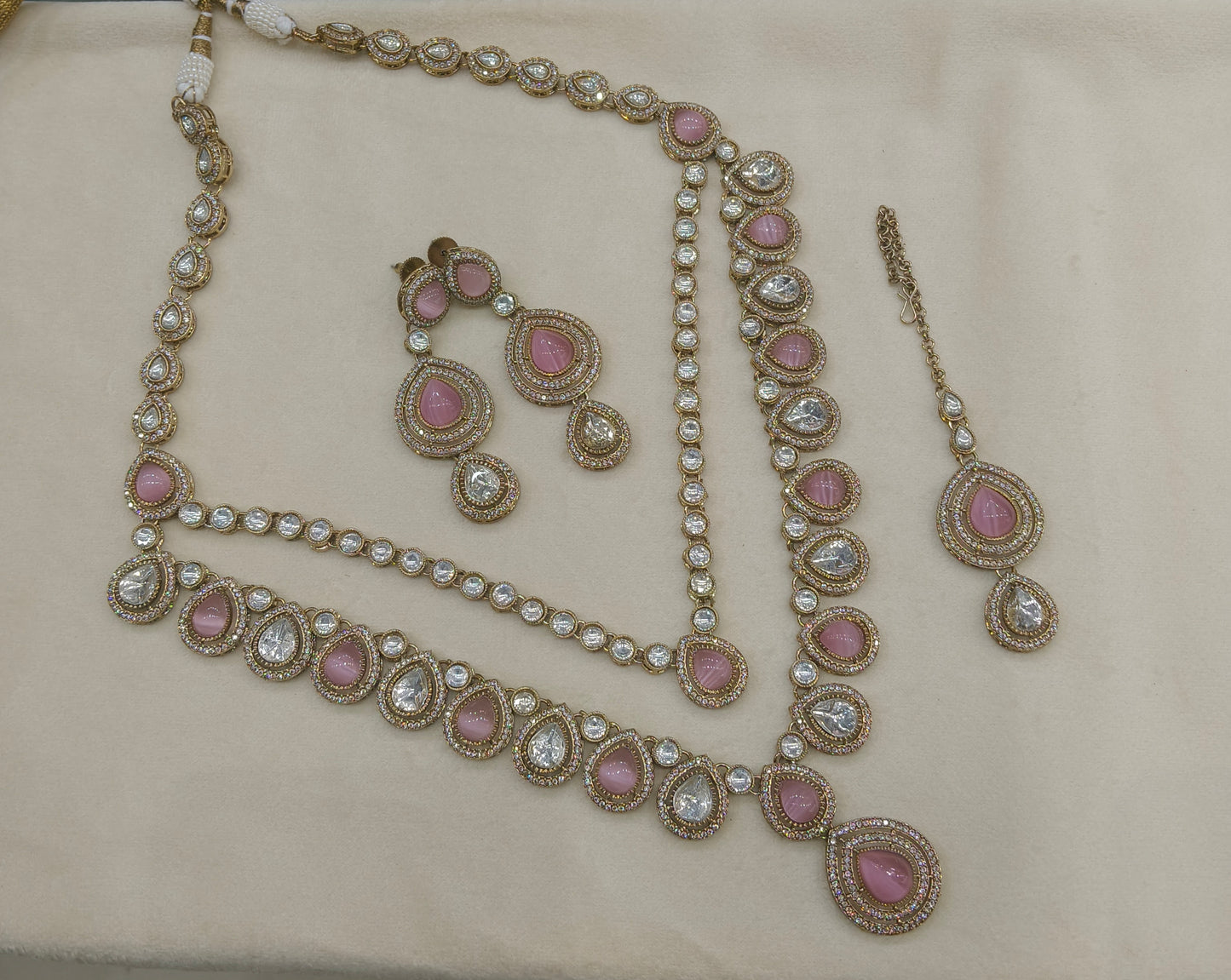Antique Gold Pink Long Moissanite Kundan Necklace Jewellery Henry Set