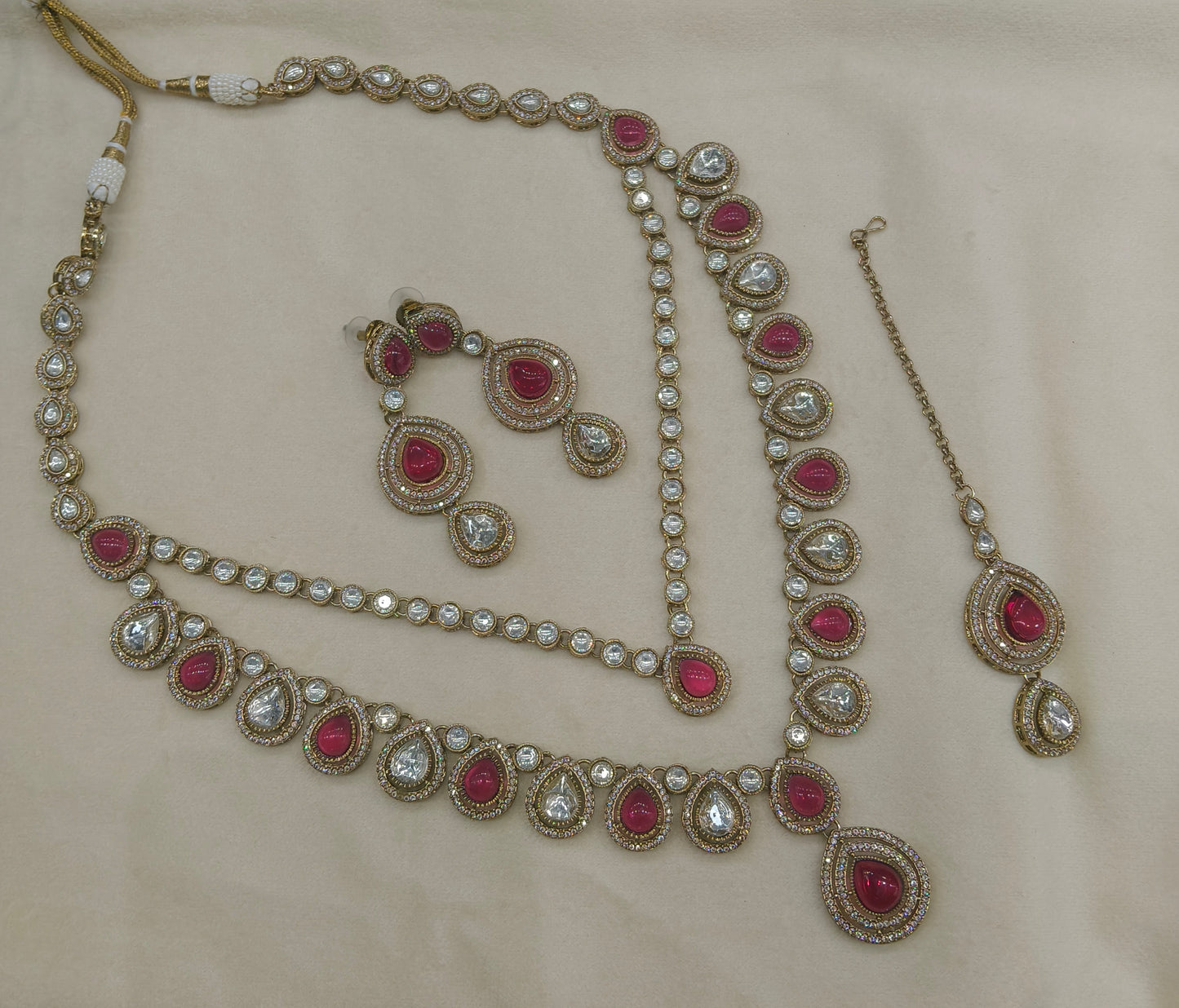 Antique Gold Ruby Long Moissanite Kundan Necklace Jewellery Henry Set