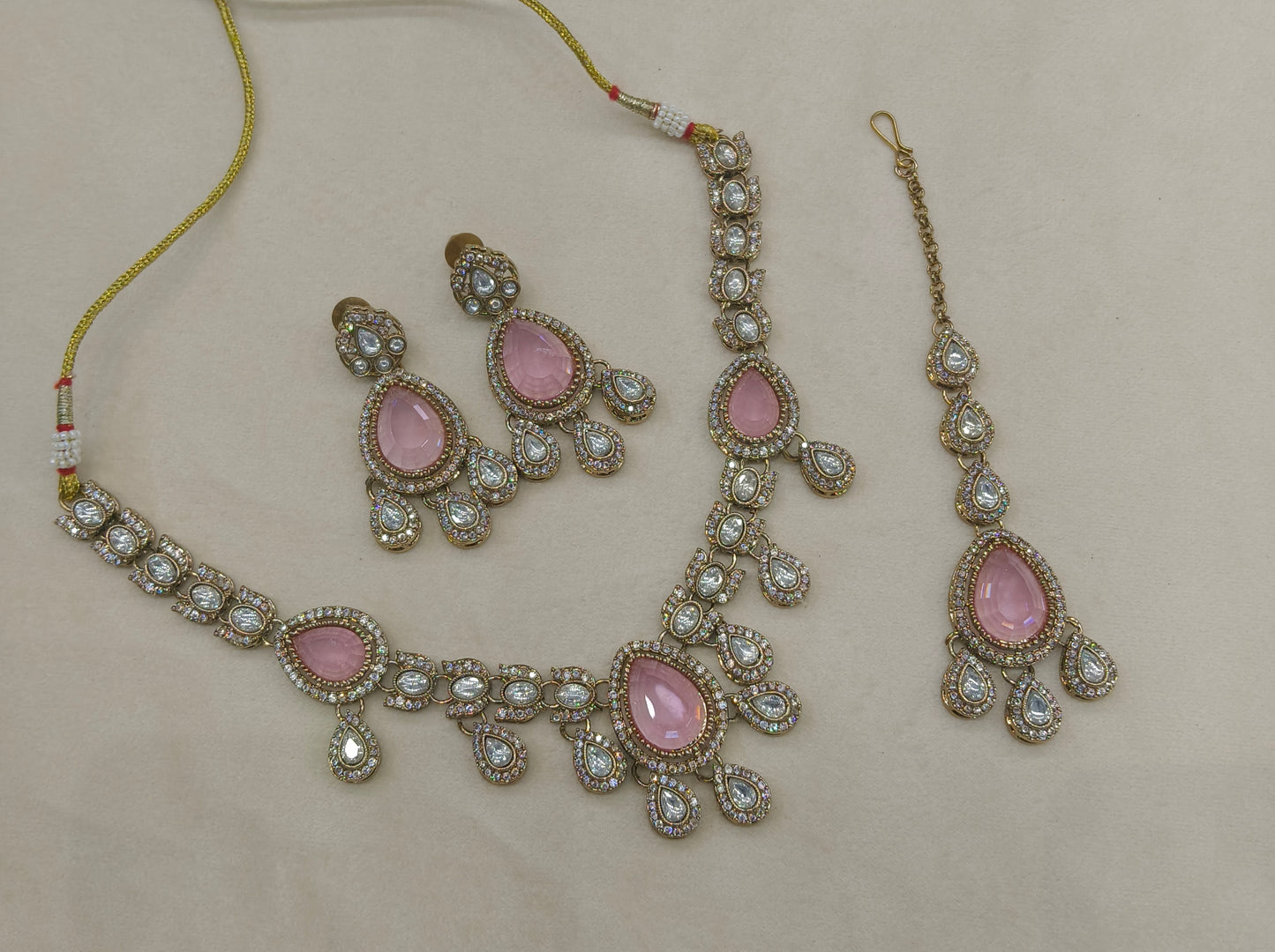 Antique Gold Pink Moissanite Kundan Necklace Jewellery Lena Set