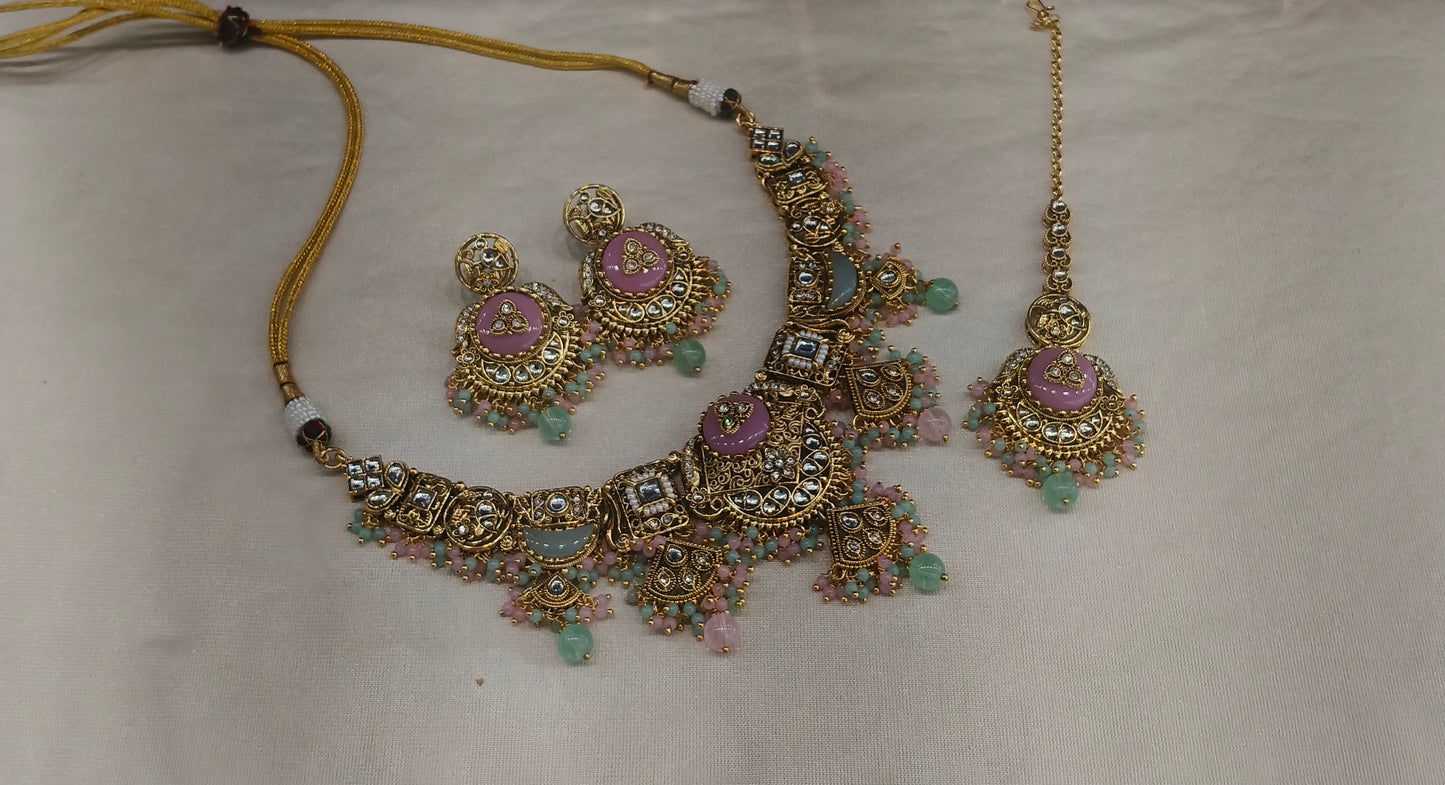 Gold Mint Pink Kundan Necklace Sugam sets