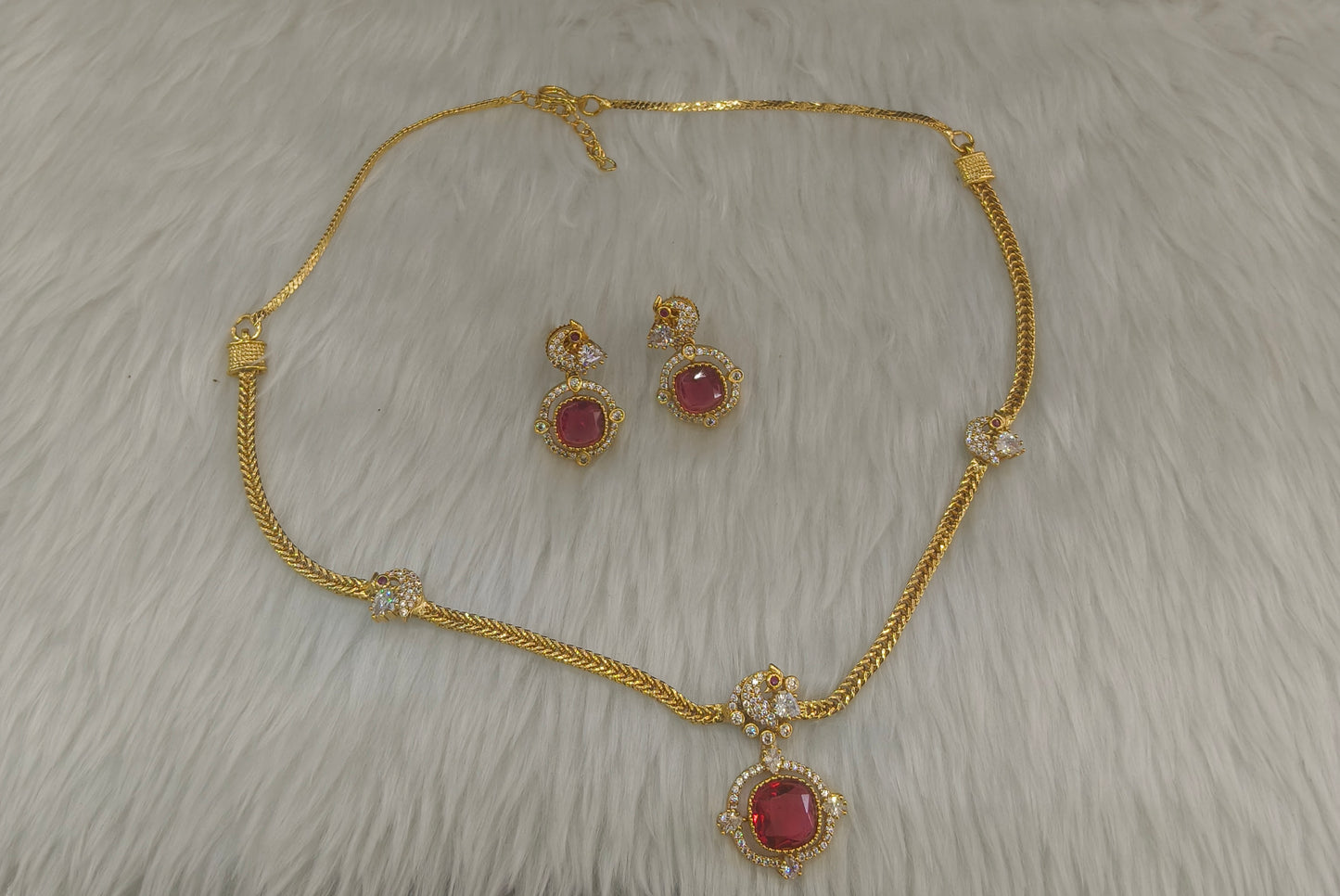 Gold Ruby American Diamond Ad Disny Necklace Sets