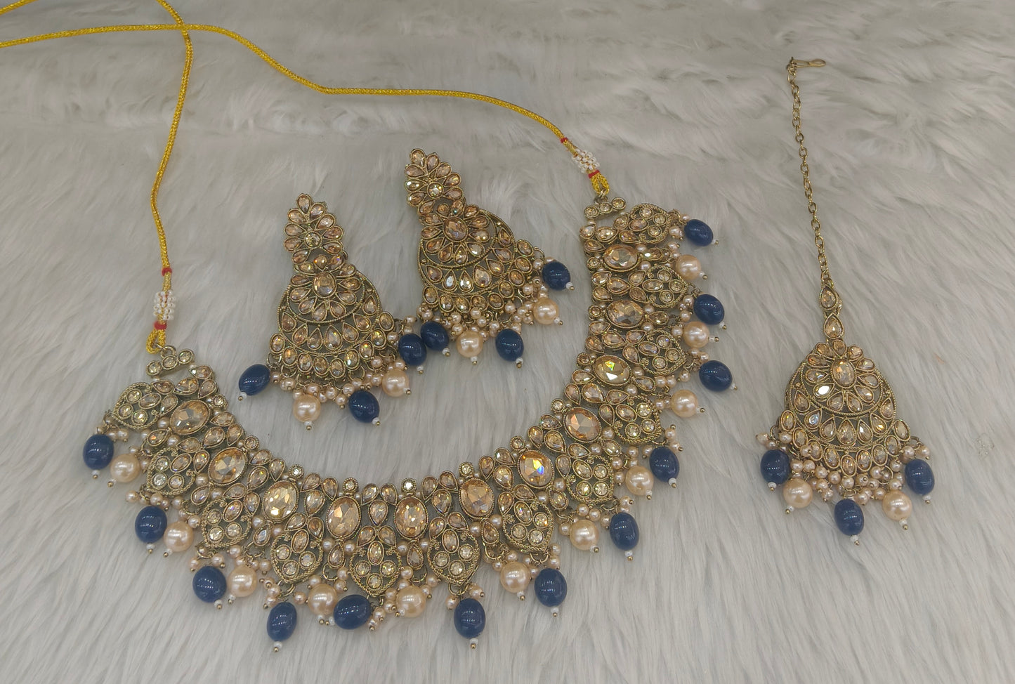 Blue Antique Gold Necklace Jewellery Rasha Set