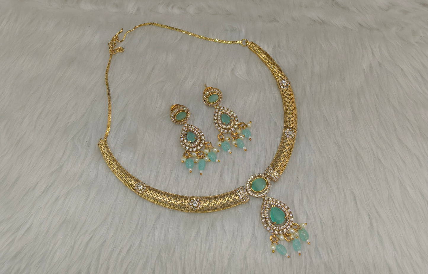 Gold Mint CZ Necklace Jewellery Simi Set