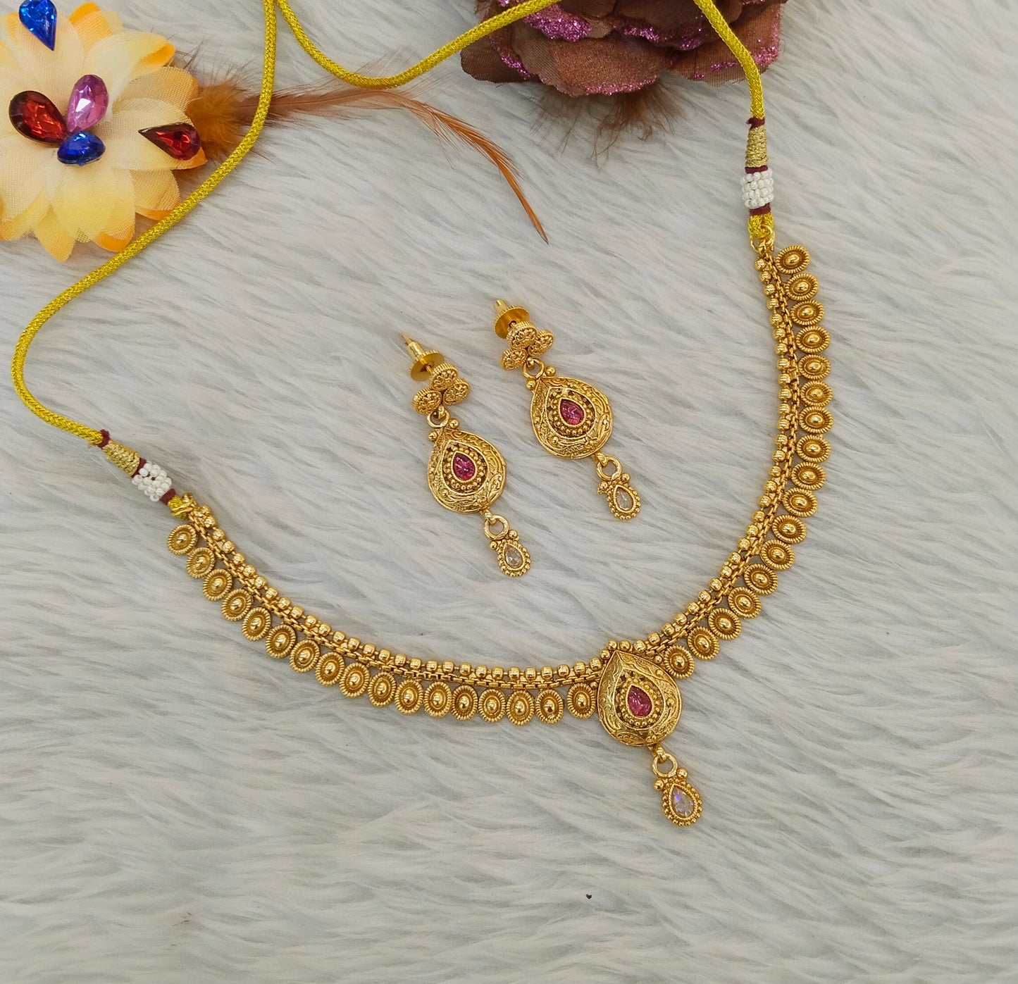Gold Polki Ruby Necklace Jewellery Adya Set