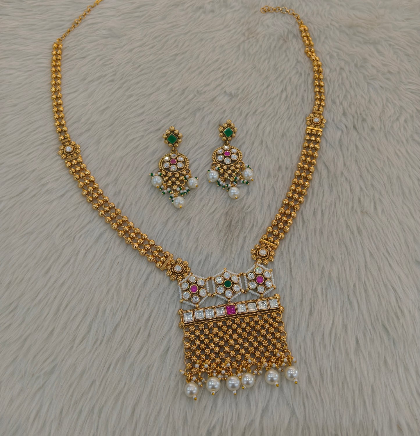 Gold Polki Ruby Green Long Rani Haar Necklace Anaya Jewellery Set