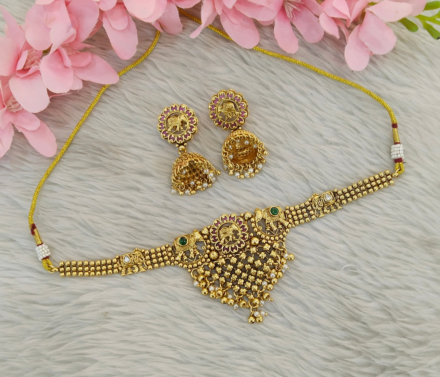 Gold Polki Ruby Green Choker Yuka Jewellery Polki Set