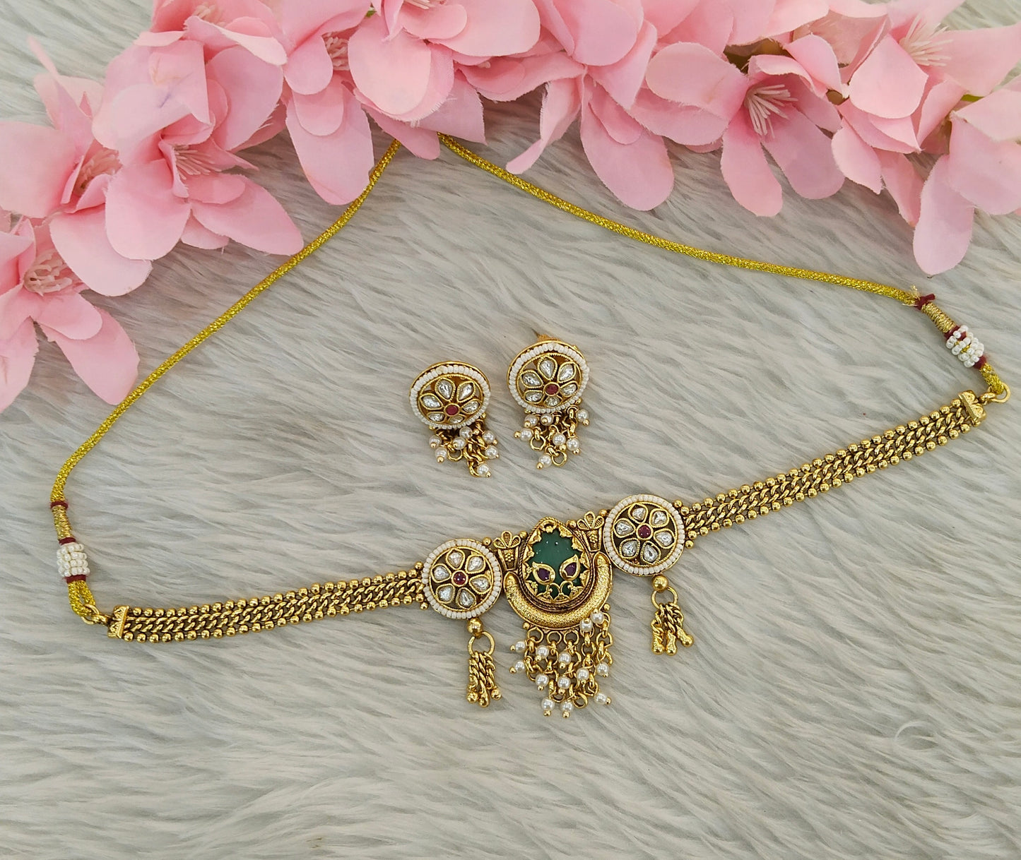 Gold Polki Ruby Sage Green Choker Yuka Jewellery Polki Set