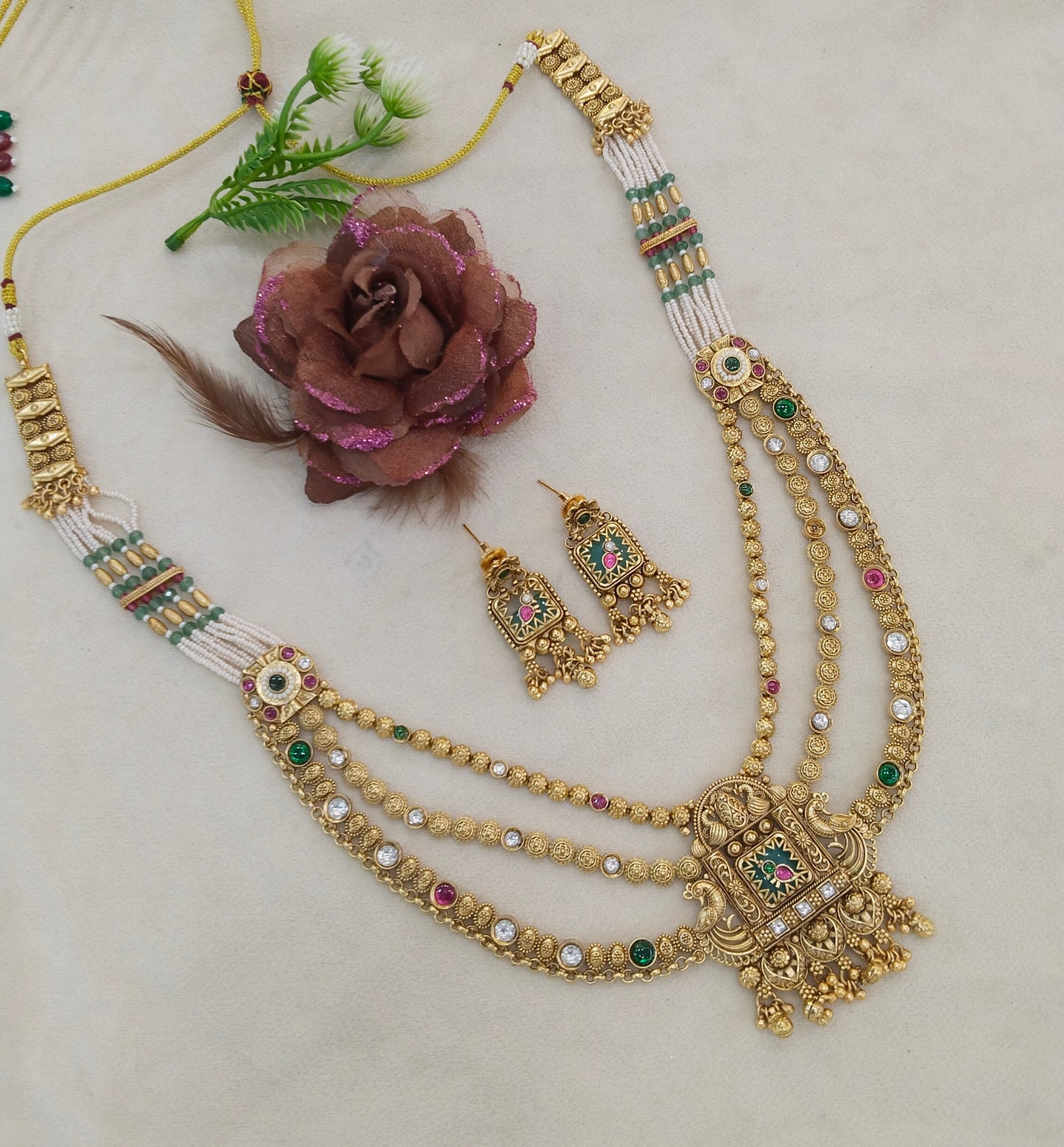Gold Polki Ruby Sage Green Long Necklace Jewellery Sets