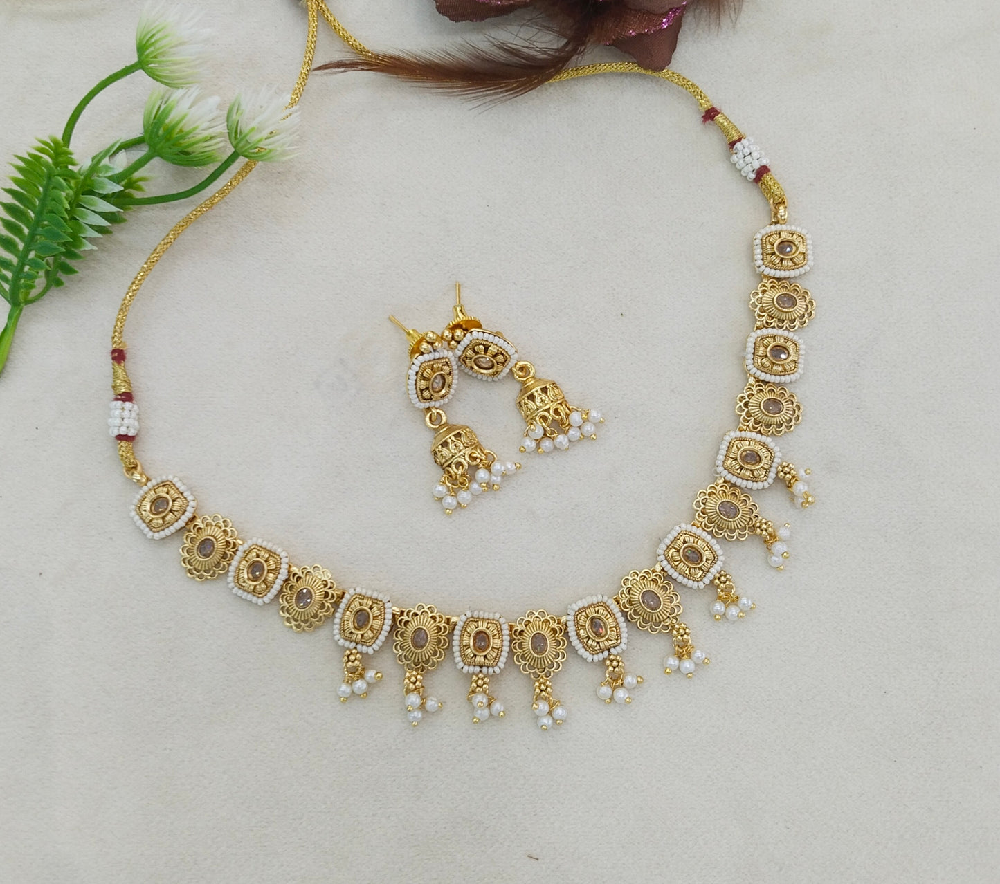 Gold Polki White Necklace Midori Jewellery Sets