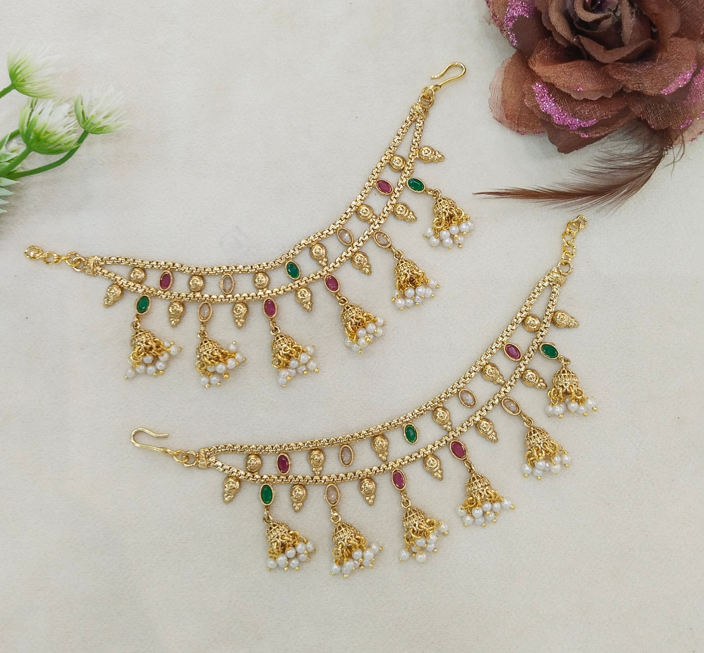 Gold Polki Ruby Green Sahare Earchains