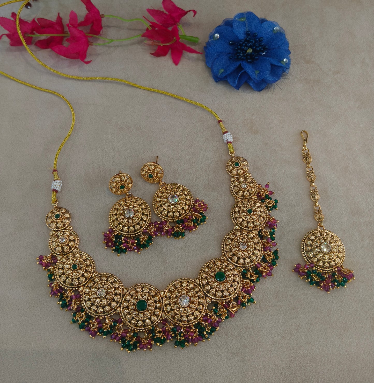 Gold Polki Ruby Green Necklace Jewellery veerpal Set