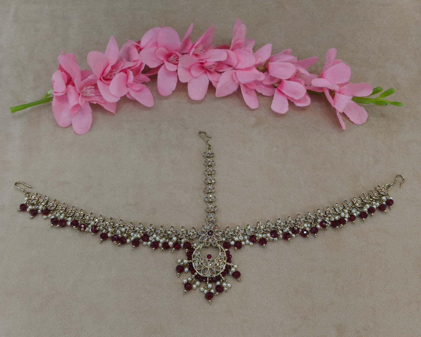 Antique Maroon Sheesh Phool Headpiece Matha Patti