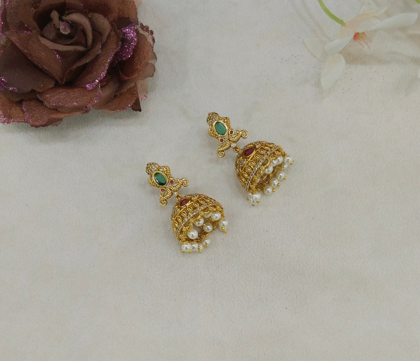 Gold Ruby Green Jhumki Bollywood Navneet Earrings