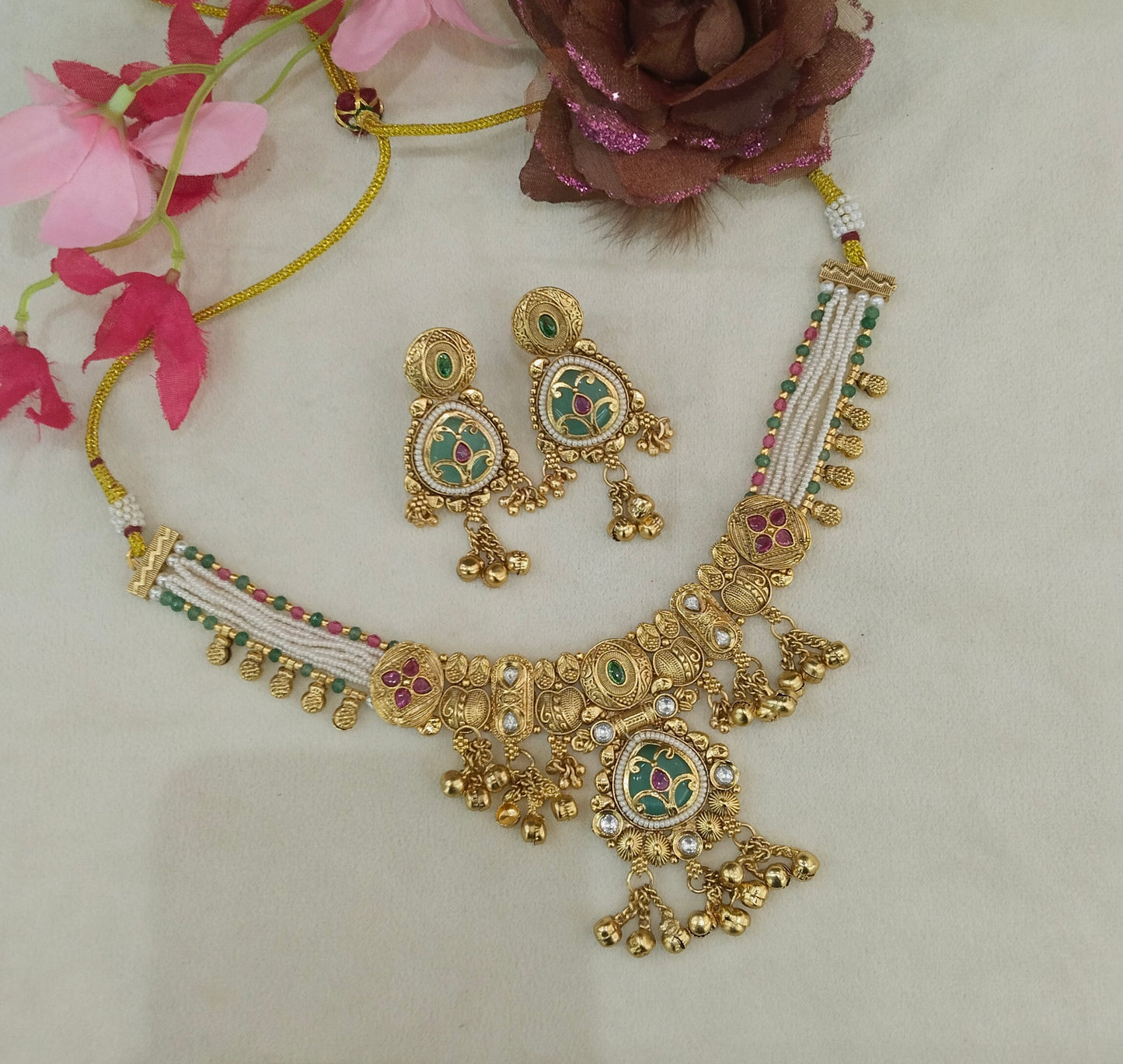 Gold Polki Ruby Sage Green Necklace Jewellery Jain Set